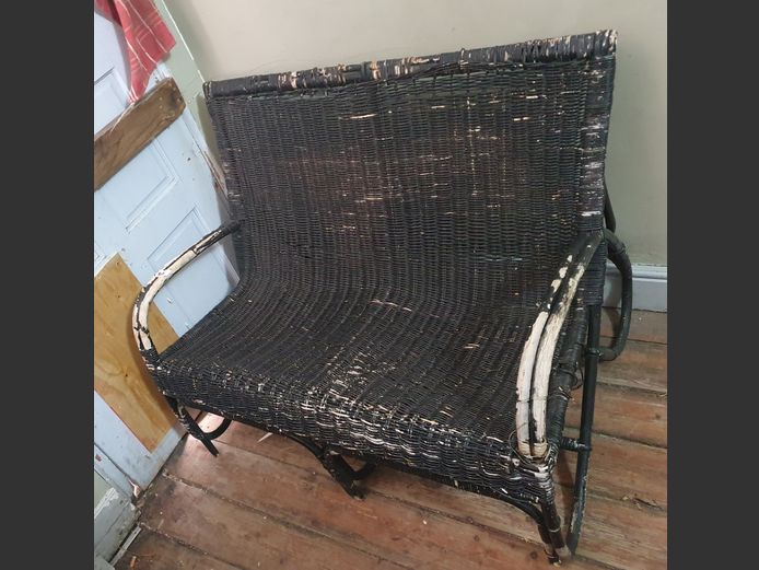 BLACK PAINTED CANE & WICKER 2-SEATER COUCH, 110 x 66cm [In need of restoration]