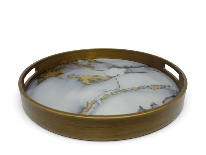 Contemporary Marble-Effect & Gilt Accent Round Serving Tray