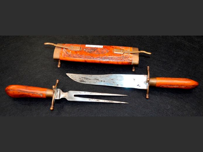 ORIENTAL CARVING SET IN WOODEN SHEATH, 45cm Long