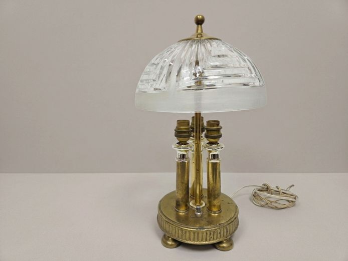 Art Deco Style Polish Crystal & Brass 3-Light Table Lamp