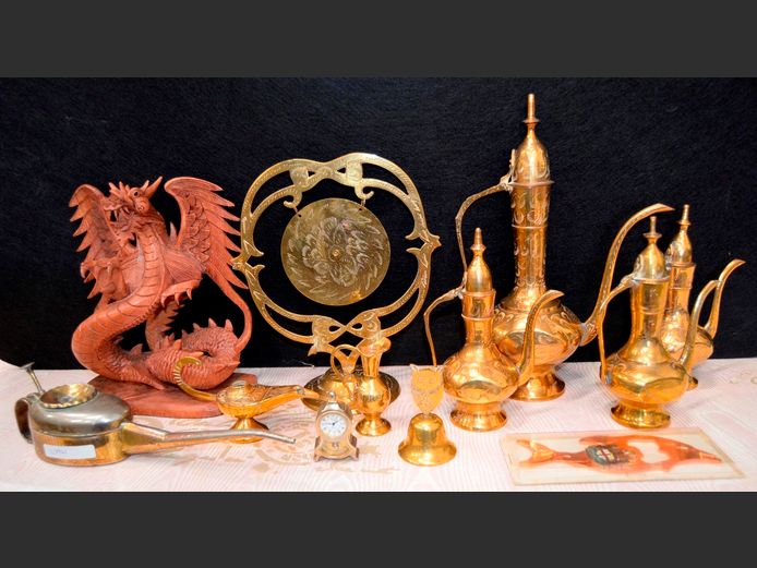 CARVED CHINESE DRAGON, BRASS ORNAMENTAL, TURKISH TEAPOTS, BRASS BELL, etc