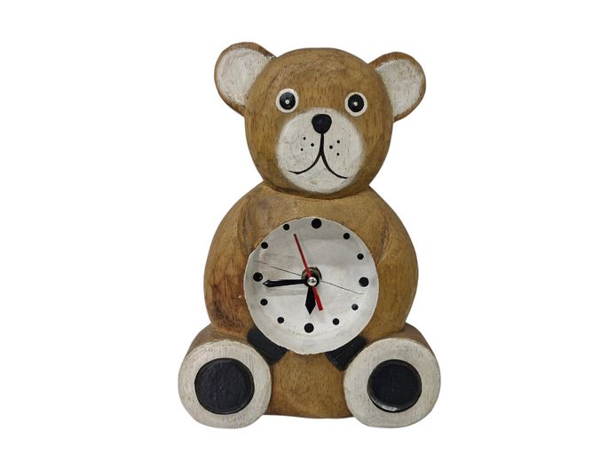 Charming Hand-Carved Wooden Teddy Bear Desk Clock