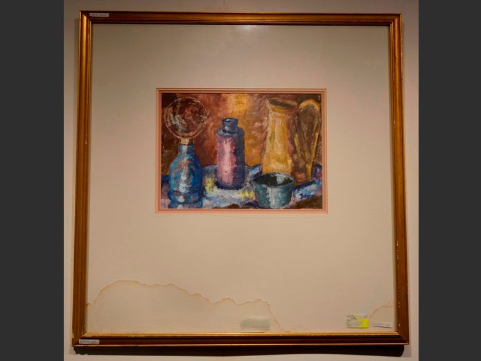 GILT FRAMED OIL ON BOARD STILL LIFE OF JUG & BOTTLES, 38 x 27.5cm [Watermarks to paper]