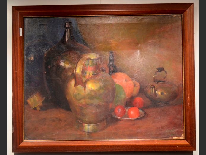 FRAMED OIL ON CANVAS STILL LIFE OF DEMIJOHN, PITCHER & KETTLE SIGNED CLEEVE HURNE, 91.5 x 70.7cm [In need of restoration]
