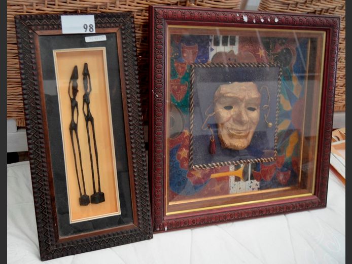 BOX FRAMED AFRICAN ARTWORK & BOX FRAMED DRAMA MASK, 53 x 53cm & 53 x 25cm