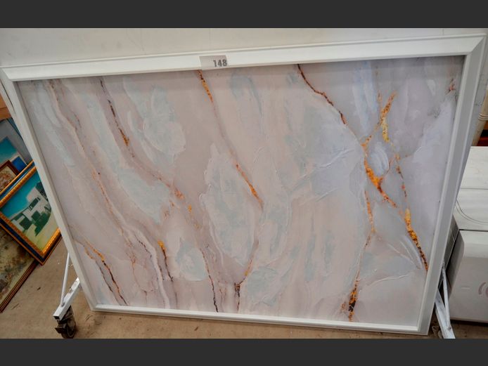 WHITE FRAMED ABSTRACT OIL ON BOARD, 119 x 89cm