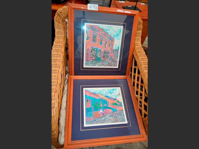 PAIR OAK FRAMED MIXED MEDIA SIGNED C. PELOSO, 30.5 x 26cm & 26 x 24.5cm