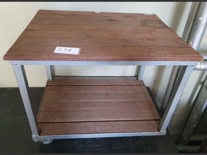 TEAK & METAL SIDE TABLE ON CASTORS