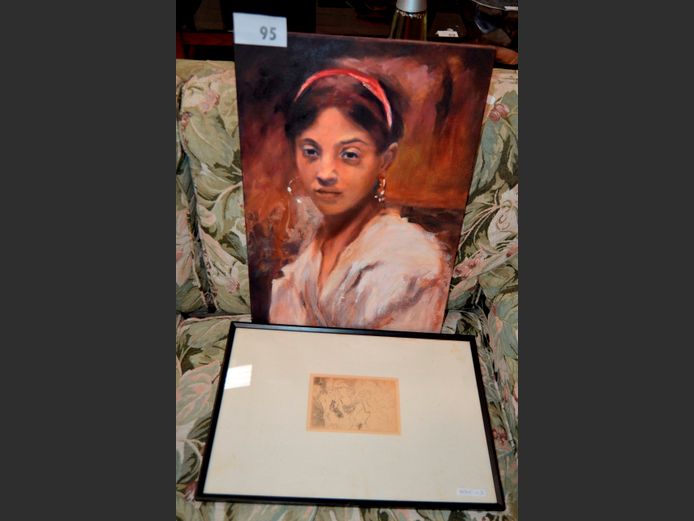 FRAMED JEAN-LOUIS FORAIN ETCHING & AN UNFRAMED OIL ON CANVAS "PORTRAIT OF A LADY" [2,3]