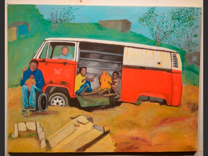 UNFRAMED OIL ON CANVAS "CHILDREN IN KOMBI", 76.6 x 59cm