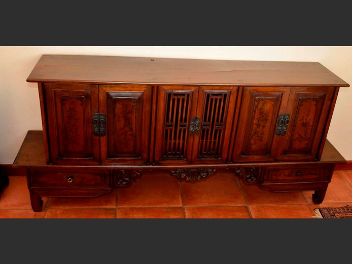 ANTIQUE CHINESE ROSEWOOD INK PAINTED ALTAR CABINET, 159 x 30 x 71cm