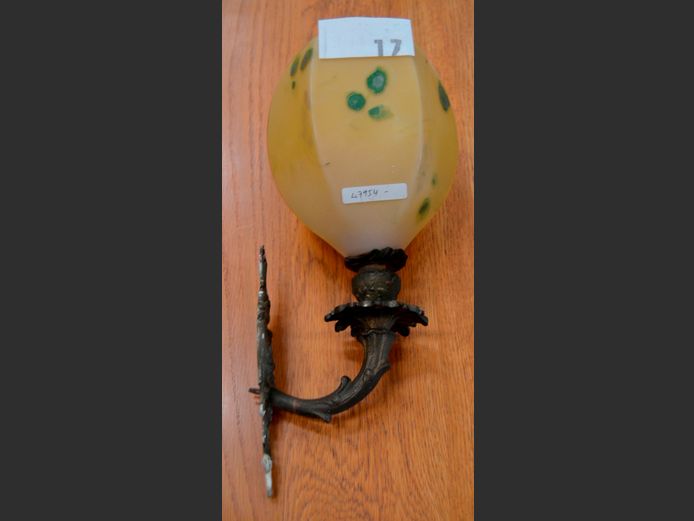 VINTAGE BRASS & GLASS WALL MOUNT LIGHT, 32cm High [Flaws to glass]
