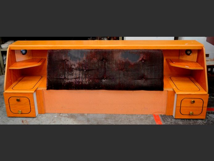 OAK FOIL DOUBLE HEADBOARD WITH PAIR 2-DRAWER PEDESTALS ATTACHED