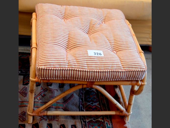 CANE FOOTSTOOL WITH CUSHION, 53 x 52 x 38cm