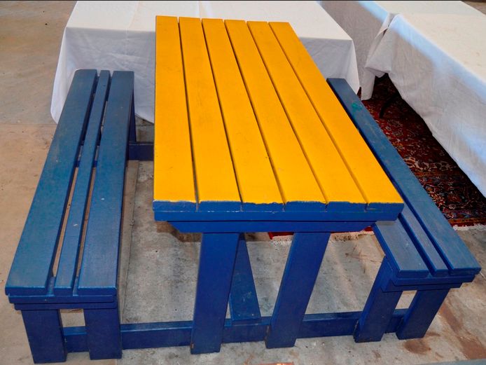 BLUE & YELLOW PAINTED PICNIC TABLE WITH BENCHES ATTACHED, 150 x 120 x 80cm