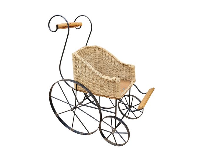 Vintage Style Decorative Wicker and Wrought Iron Pram