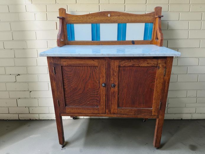 Antique Oak Washstand with Marble Top and Tiled Backsplash