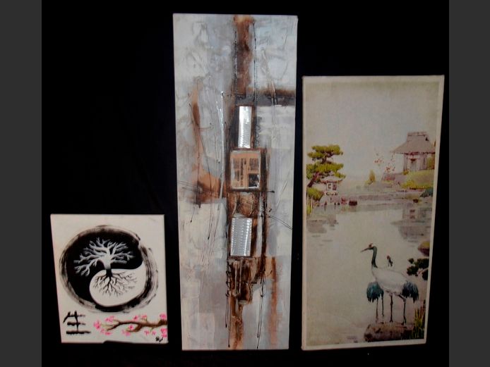UNFRAMED ABSTRACT OIL ON CANVAS, FRAMED CHINESE PRINT, etc