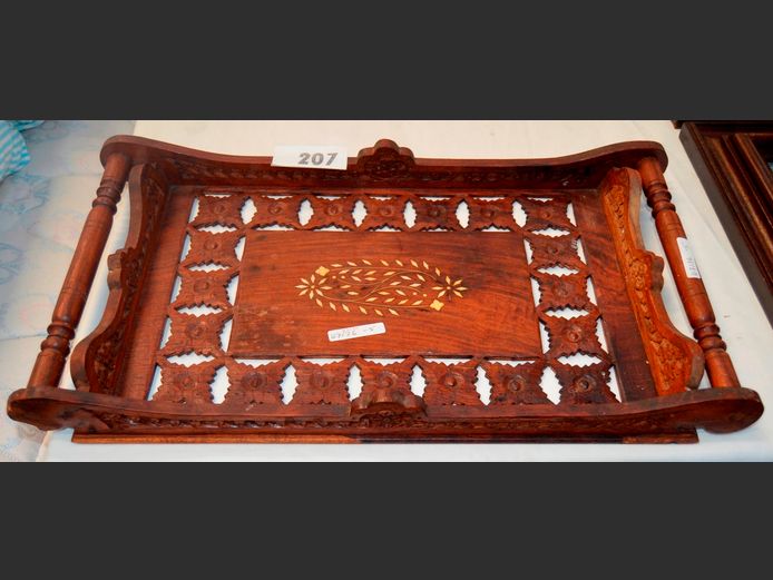 TEAK INTRICATELY CARVED & INLAID TRAY, 53 x 30cm