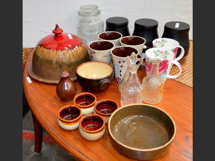 MID-CENTURY DRIP GLAZE CLOCHE, MUGS, STORAGE CANISTERS, etc
