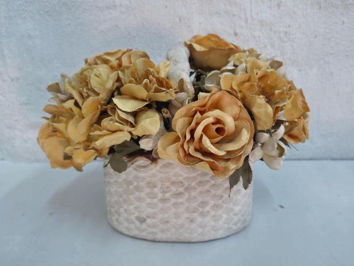 Faux Yellow Rose Floral Arrangement in Ceramic Basket Planter 
