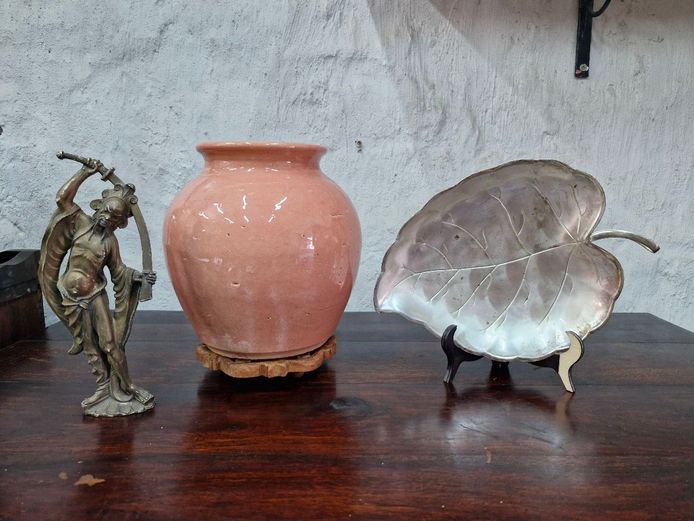 Vintage Terracotta Planter, "Seki" Silver Leaf Dish & Warrior Statue