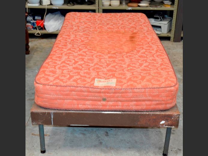 METAL SINGLE DIVAN WITH AIRFLEX MATTRESS [Mattress stained, base rusty]