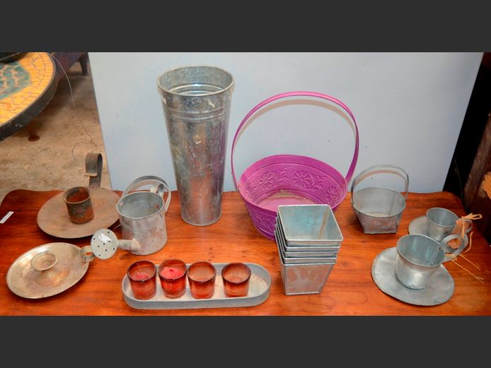 GALVANISED METAL: VASE, MINI PLANTERS, ORNAMENTAL WATERING CAN, CANDLE HOLDERS, etc