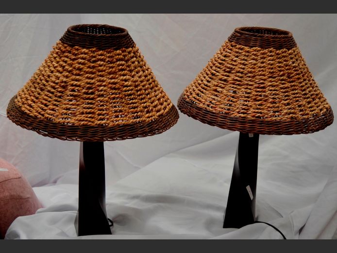 PAIR DARK MAHOGANY BEDSIDE LAMPS WITH SHADES, 52cm High