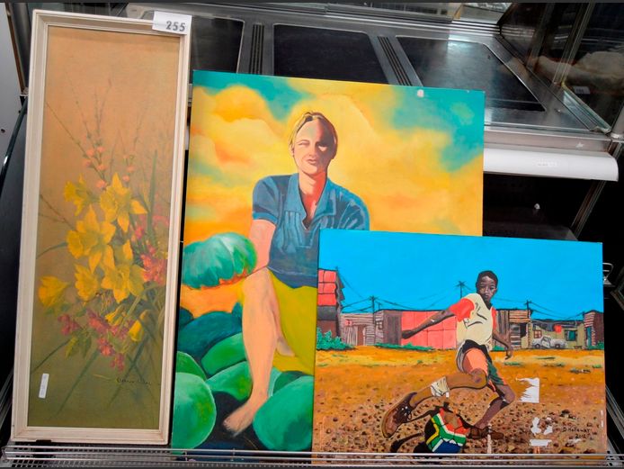 UNFRAMED MIXED MEDIA ON BOARD: "PLAYING SOCCER", 61 x 45cm, "PICKING FRUIT", 76 x 61cm, & ANOTHER, 75 x 24cm
