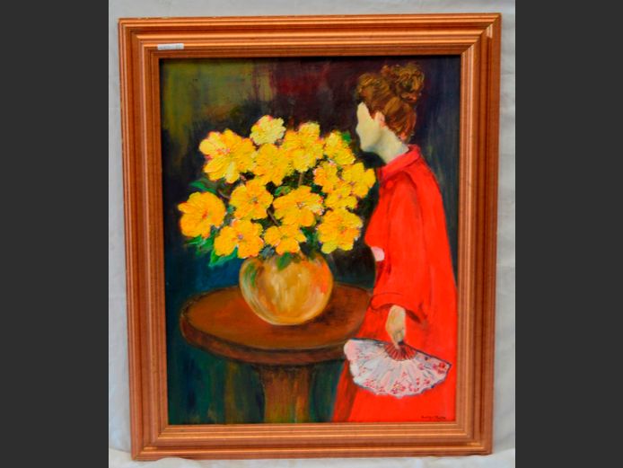 FRAMED PAINTING "FLOWERS IN VASE & LADY IN RED", 69 x 55cm