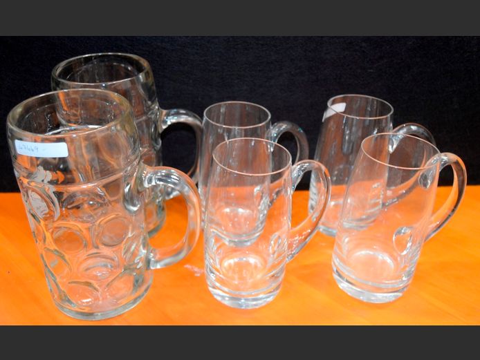 SET OF 2 GERMAN GLASS BEER STEINS & SET OF 4 GLASS BEER MUGS