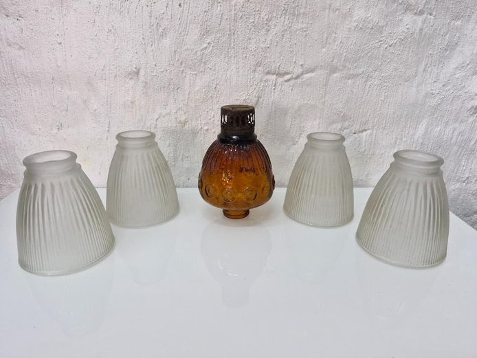 Vintage Frosted Ribbed Light Shades & Amber Glass Font Set