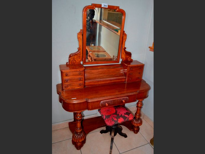 VICTORIAN MAHOGANY 7-DRAWER DRESSING TABLE WITH MIRROR & STOOL, 120 x 45 x 165cm & 35 x 35 x 48cm
