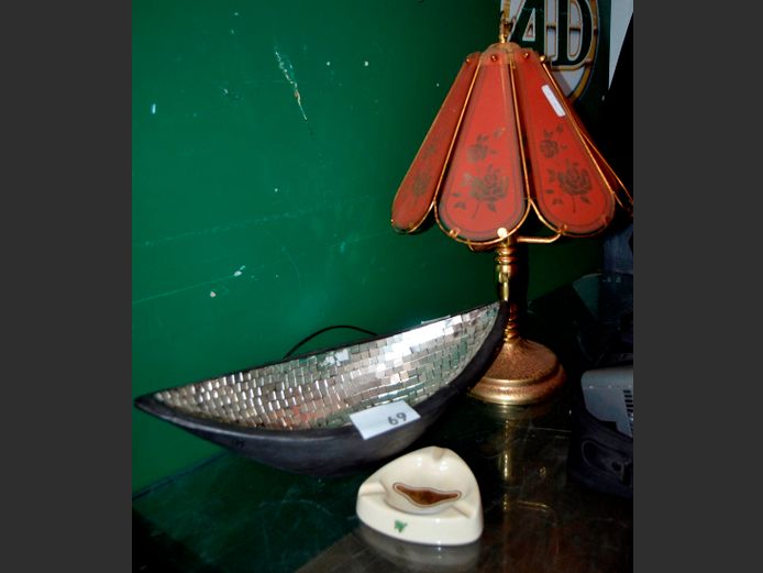 BRASS TABLE LAMP WITH GLASS SHADE, 55cm [ 1 Glass panel needed, brass coating rusted], MOSAIC FRUIT BOWL & ASHTRAY