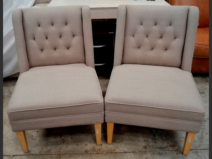 PAIR BEIGE UPHOLSTERED BUTTON BACK CHAIRS [Cat scratches]