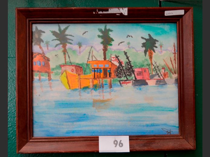 FRAMED MIXED MEDIA "BOATS", 34 x 26cm