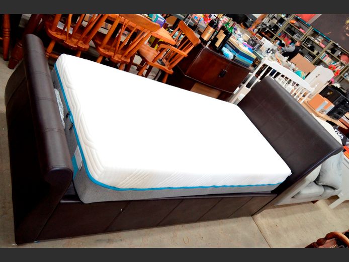 BROWN LEATHER TOUCH SINGLE SLEIGH BED WITH MATTRESS