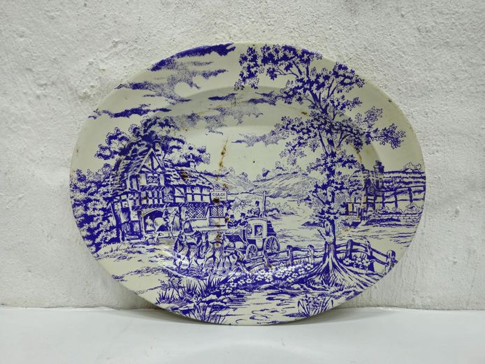 Vintage Enamelware Blue Transferware Serving Platter – "Coach Inn" Scene