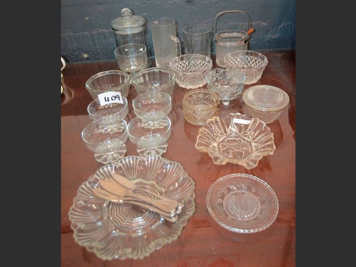 CUT GLASS BOWLS, GLASS ICE BUCKET, PLATTER, FISH KNIVES, etc