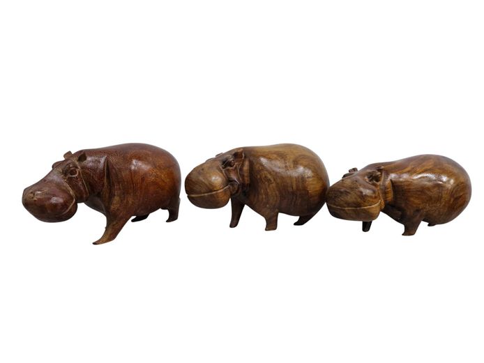 Trio of Vintage Hand-Carved Wooden Hippo Sculptures