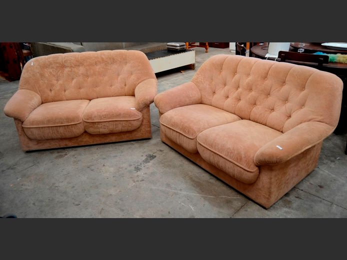PAIR BEIGE DRAYLON UPHOLSTERED 2-SEATER COUCHES, 153 x 90cm