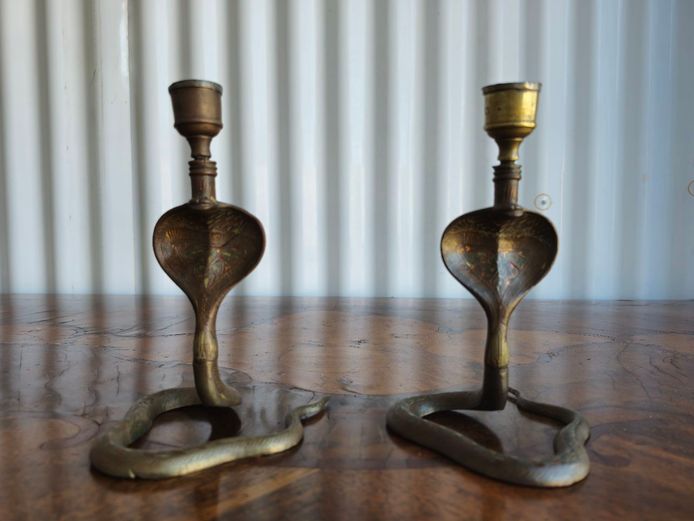 Mid-20th Century Cobra Snake Brass Candlesticks