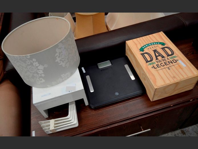 DIGITAL BATHROOM SCALE [Untested], "DAD" PINE WINE BOX, LAMP SHADE, etc [22,24]