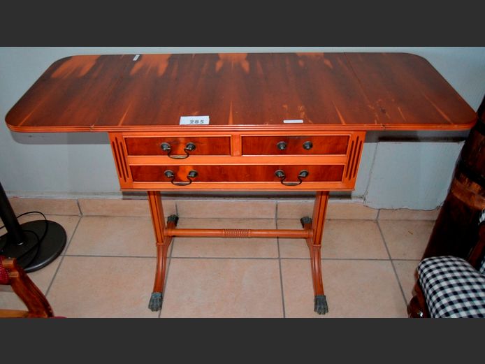 YEW WOOD REGENCY STYLE 3-DRAWER DROPLEAF SERVER ON CLAW FEET, 120 x 46 x 77cm