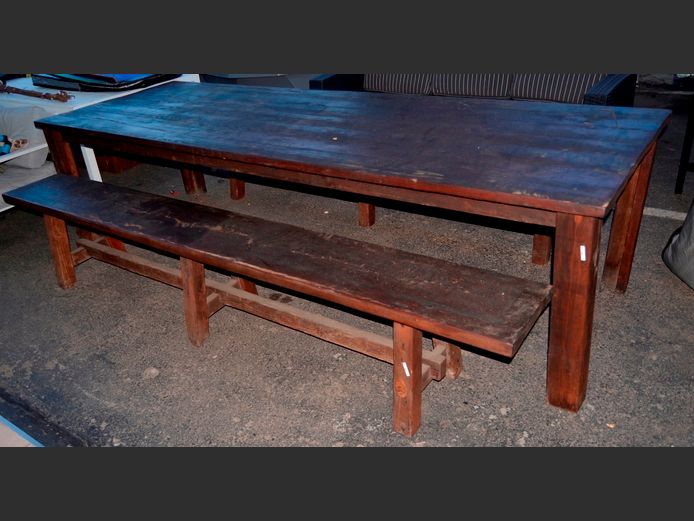 STAINED OREGON PINE DINING TABLE, 300 x 100 x 78cm, WITH 2 BENCHES, 280 x 35 x 49cm