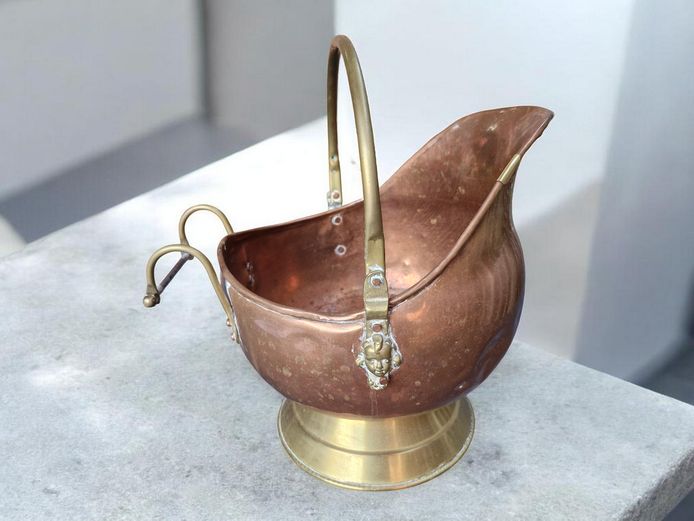 Antique Copper Coal Scuttle with Brass Handle and Cherub Detail