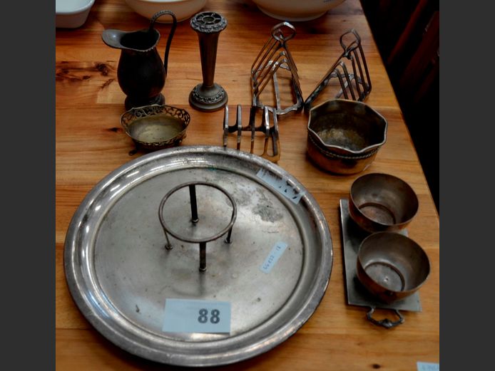 SILVER PLATE: TOAST RACKS, TRAY ON BALL FEET, etc