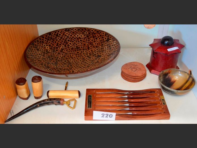 WOODEN BOWL, LEATHER COASTERS, etc