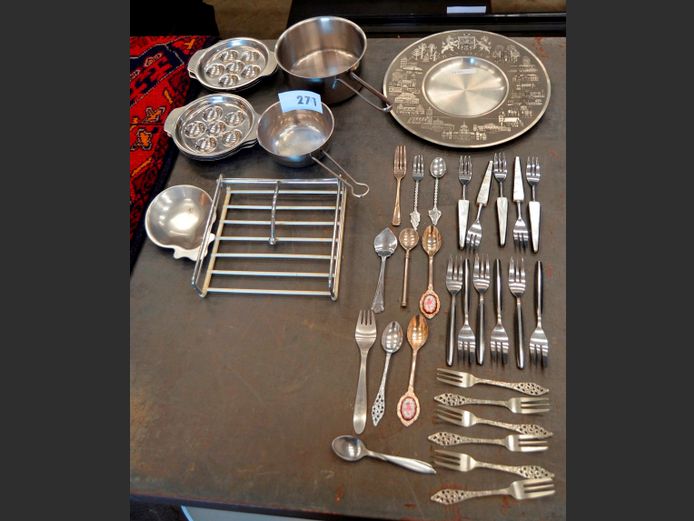 STAINLESS STEEL SNAIL DISHES, SAUCEPAN, COLLECTABLE SPOONS, etc